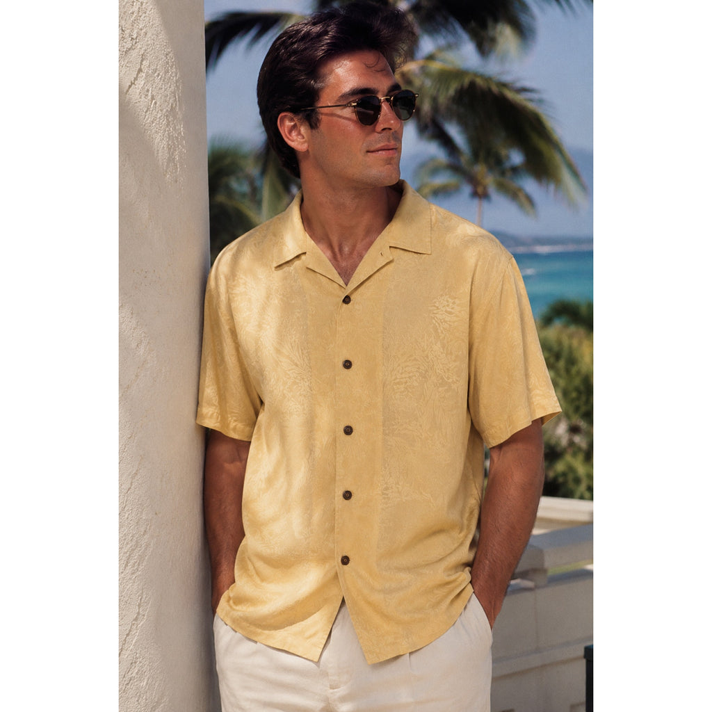 Vintage 90s Caribbean Mens Med Cream Yellow Jacquard Camp Shirt Coconut Buttons