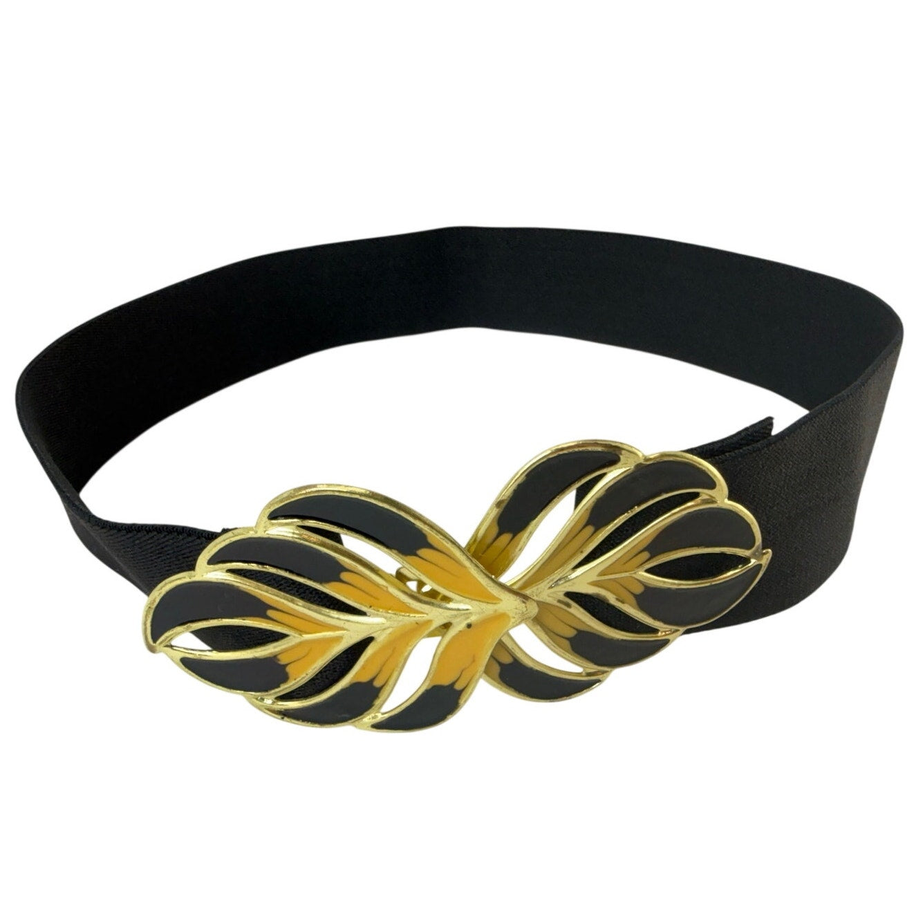Vintage 80s Black Stretch Waist Belt Gold Leaf Buckle Wide Elastic 28”