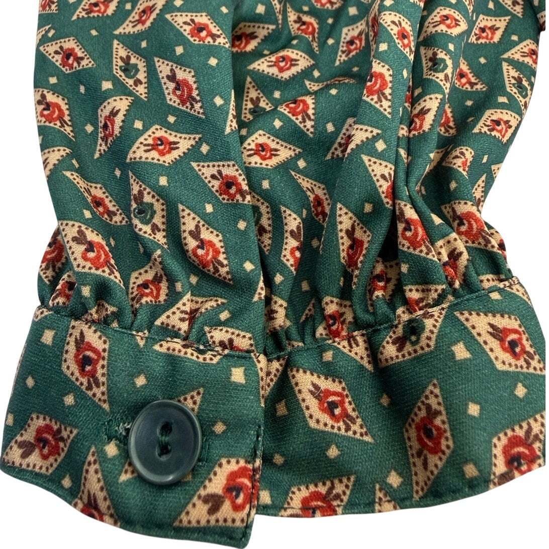Vintage 70s Green Geometric Bow Tie Neck Polyester Blouse Women's Large