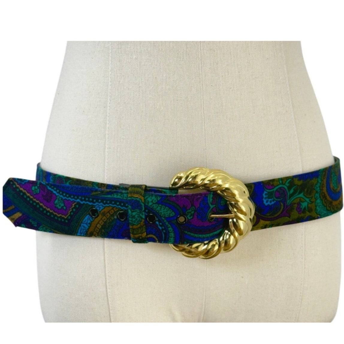 Vintage 90s Paisley Leather Belt Gold Buckle Adjustable Waist 31-35 Boho