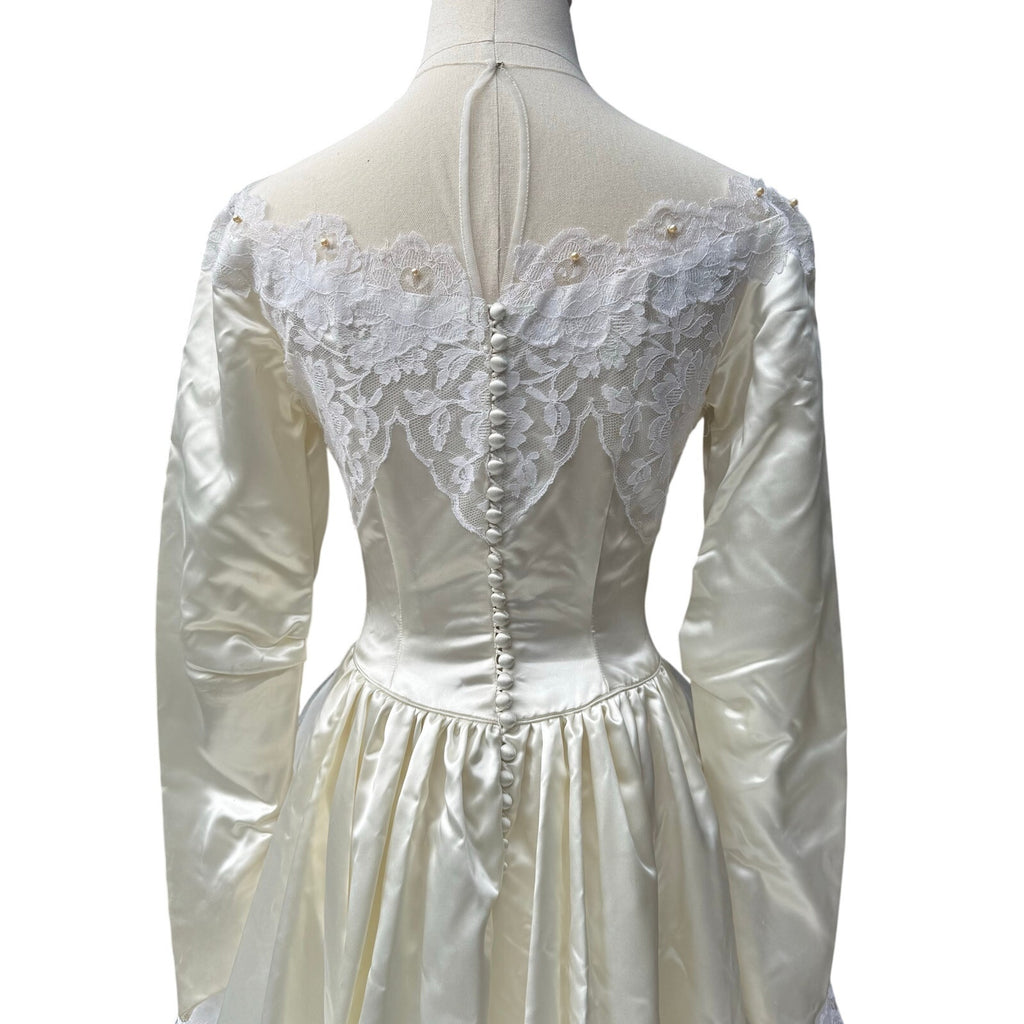 Vintage 50s Women's XS Wedding Dress Satin Lace and Chapel Train Sylvia Ann