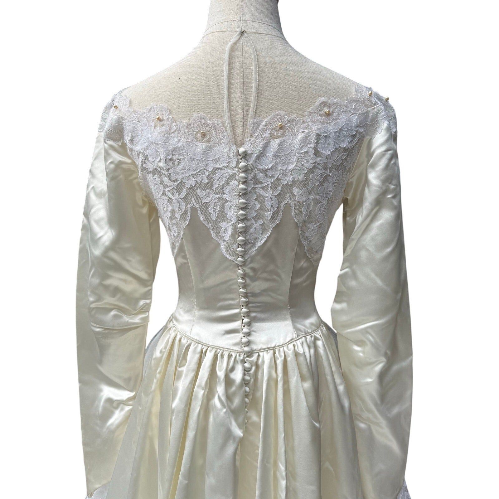 Vintage 50s Women's XS Wedding Dress Satin Lace and Chapel Train Sylvia Ann