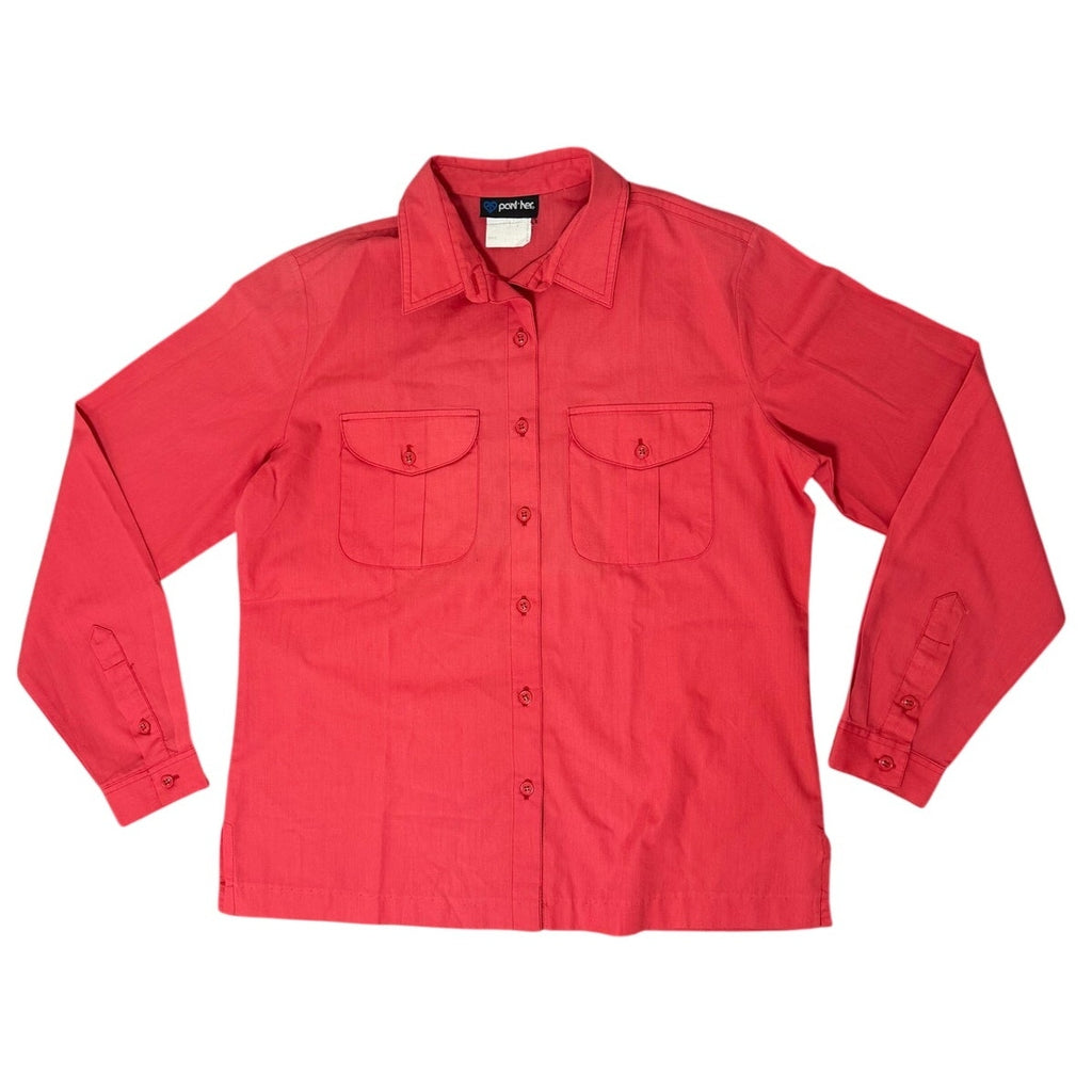 Vintage 60s Panher Women's Medium Pink Red Blouse Patch Pocket Button Shirt