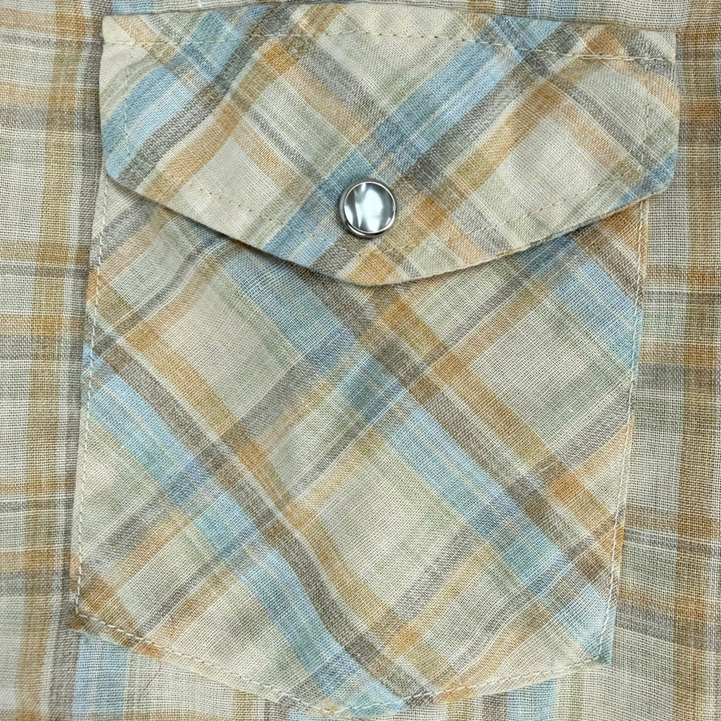 Vintage 80s Mens Blue Tan Plaid Pearl Snap Western Shirt Medium