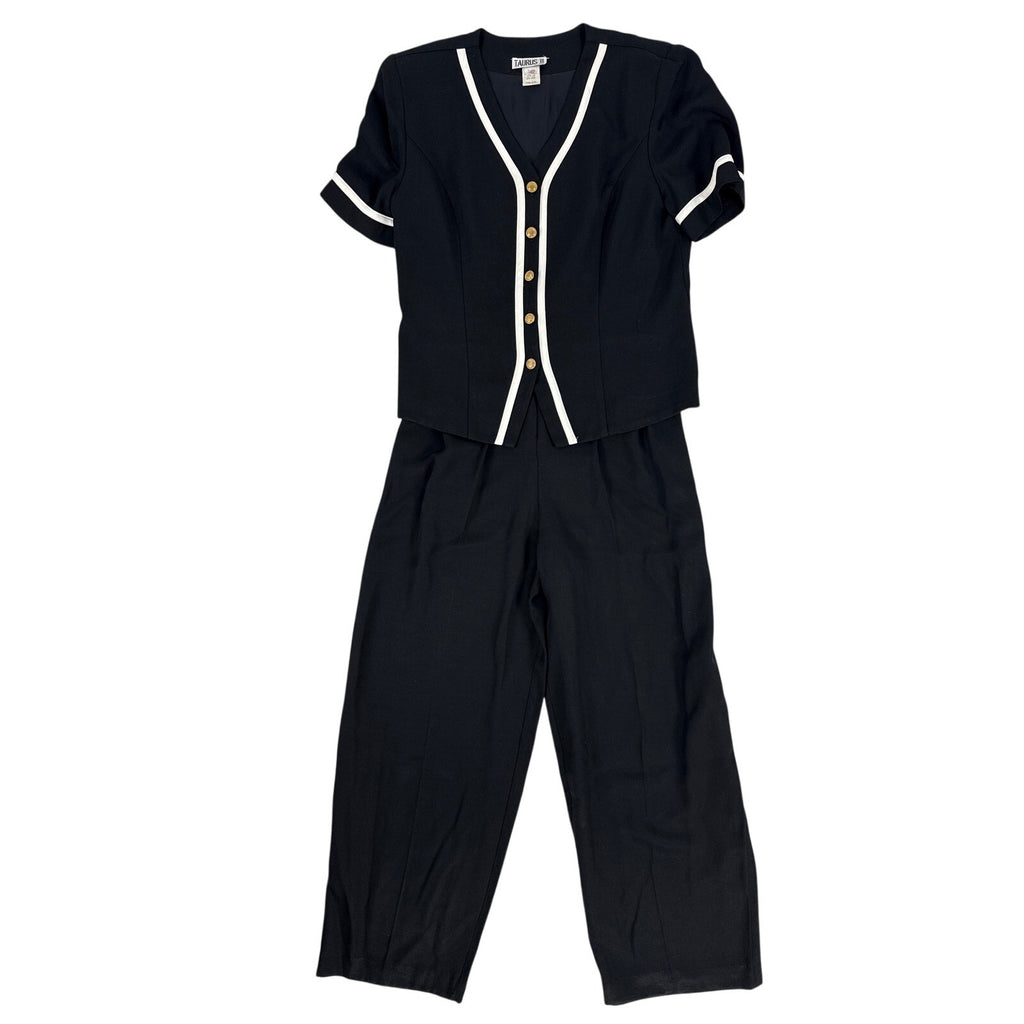 Vintage 80s Taurus II Black White Piped Jumpsuit Women's Size 8