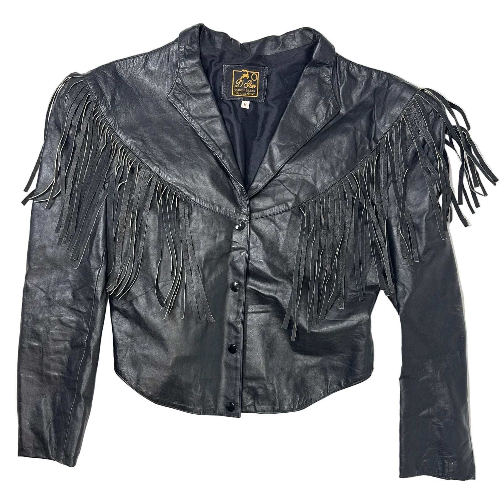 Vintage 80s Women's Medium Black Fringe Leather Jacket Western Biker