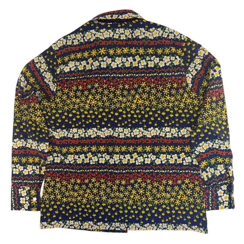 Vintage 70s Floral Stripe Blouse Navy Crepe Shirt Long Sleeve Womens Medium
