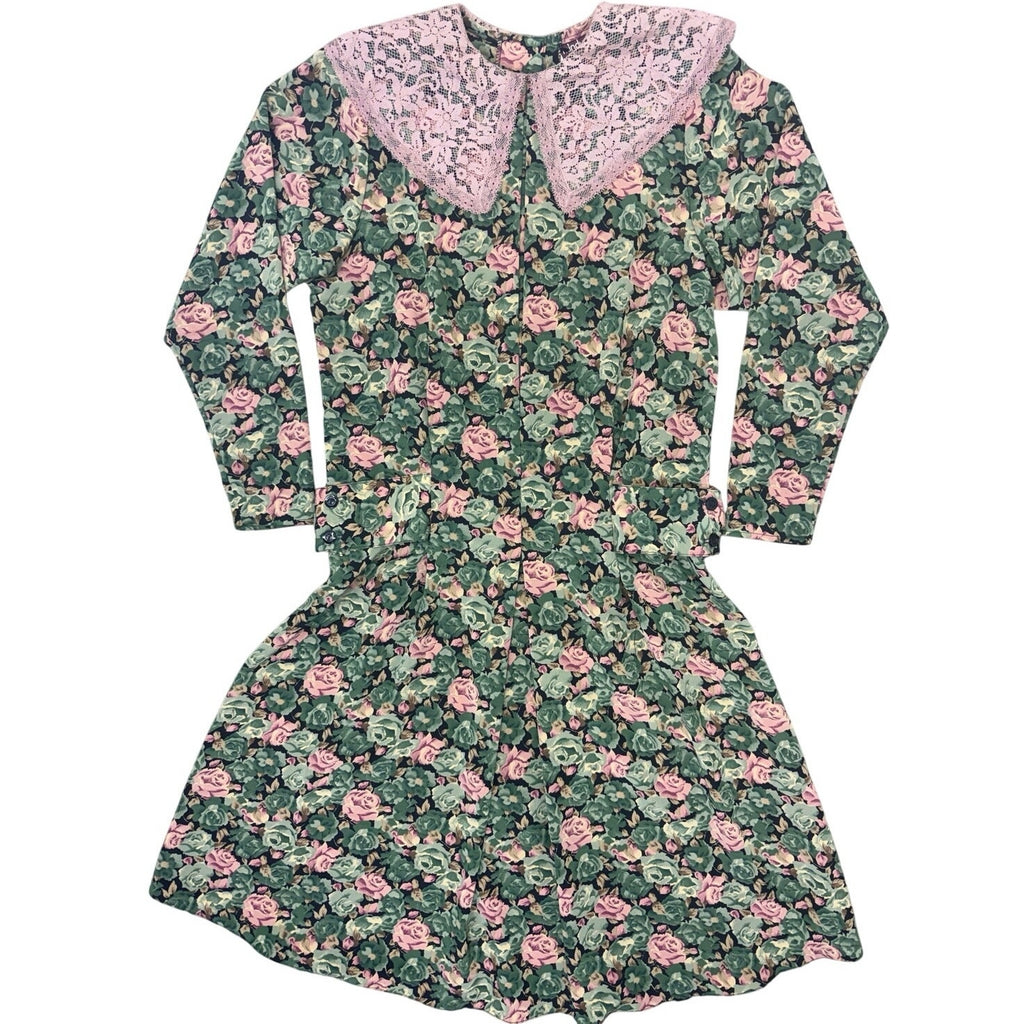 Vintage 80s Mindy Malone Floral Rayon Midi Dress Lace Collar Women's 4