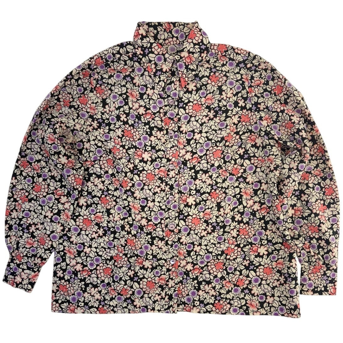 Vintage 70s Floral Blouse Black Cream Lavender Long Sleeve Women's Large