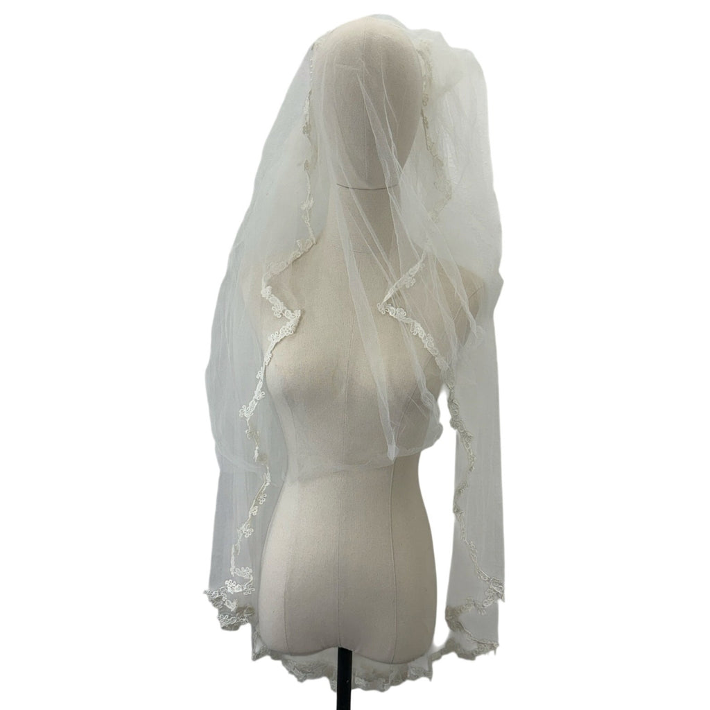 Vintage 70s Bridal Veil Pearl Lace Wedding Headpiece Double Layer