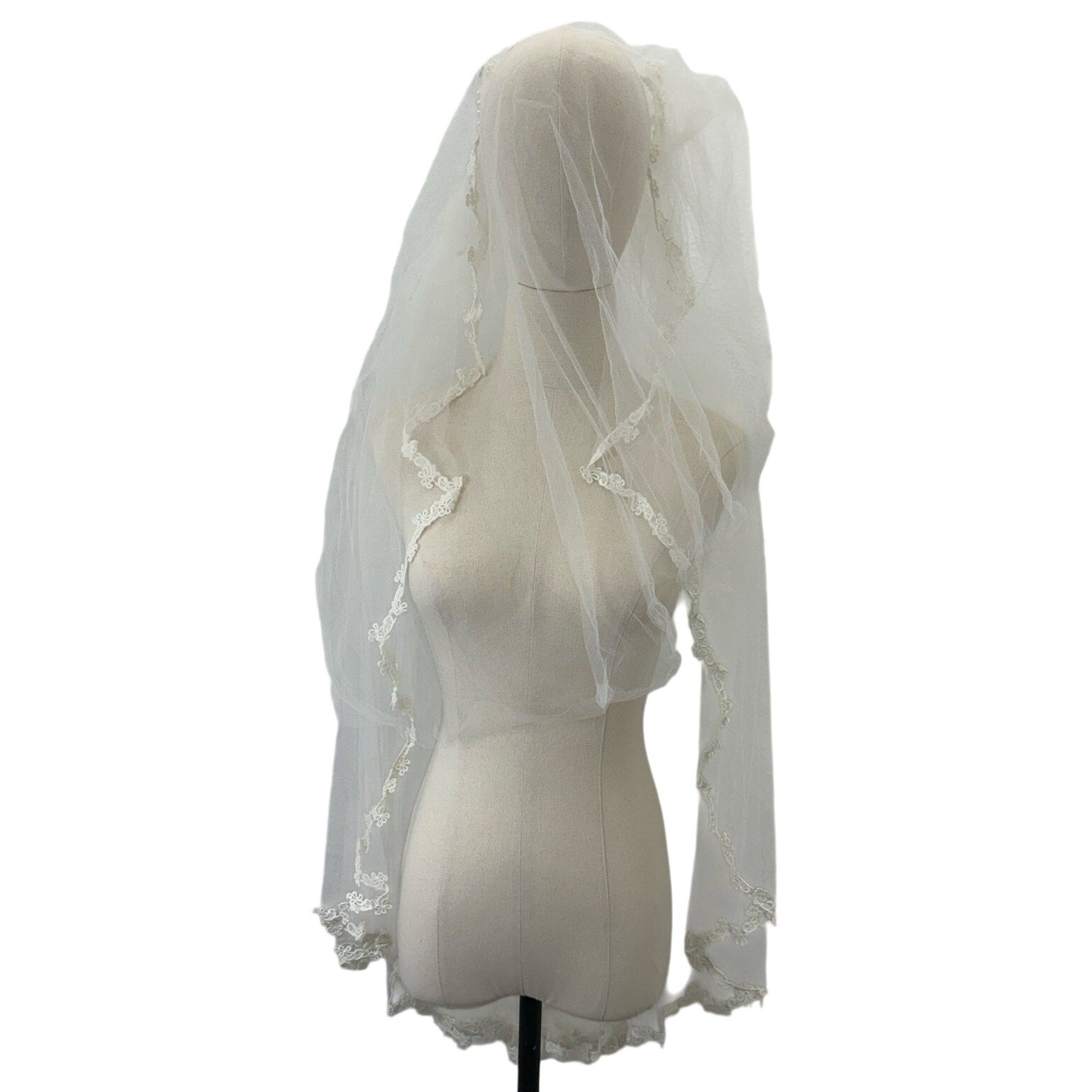 Vintage 70s Bridal Veil Pearl Lace Wedding Headpiece Double Layer