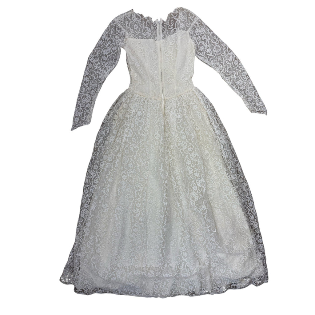 Vintage 1960s White Lace Wedding Dress Long Sleeve Floor Length XS S