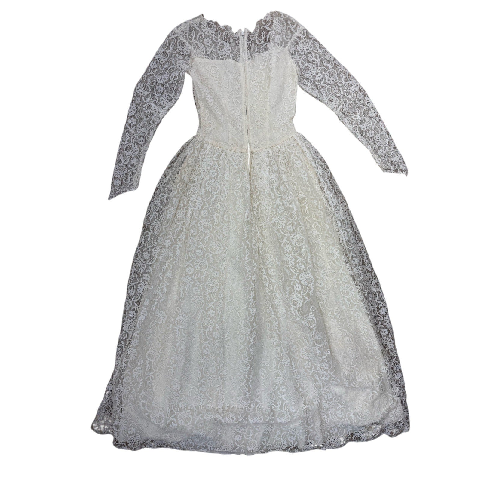 Vintage 1960s White Lace Wedding Dress Long Sleeve Floor Length XS S