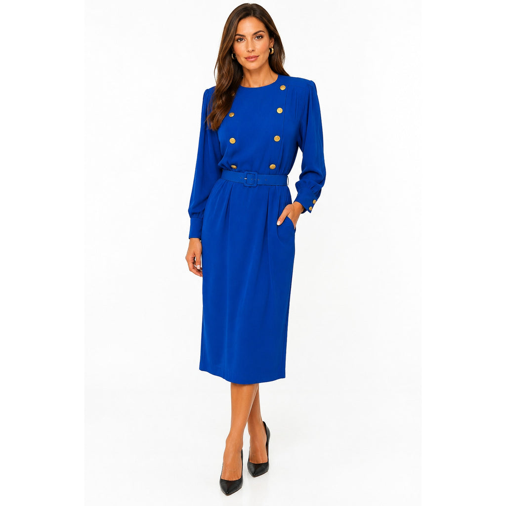 Vintage 80s Albert Nipon Royal Blue Rayon Crepe Belted Midi Dress Women's 14