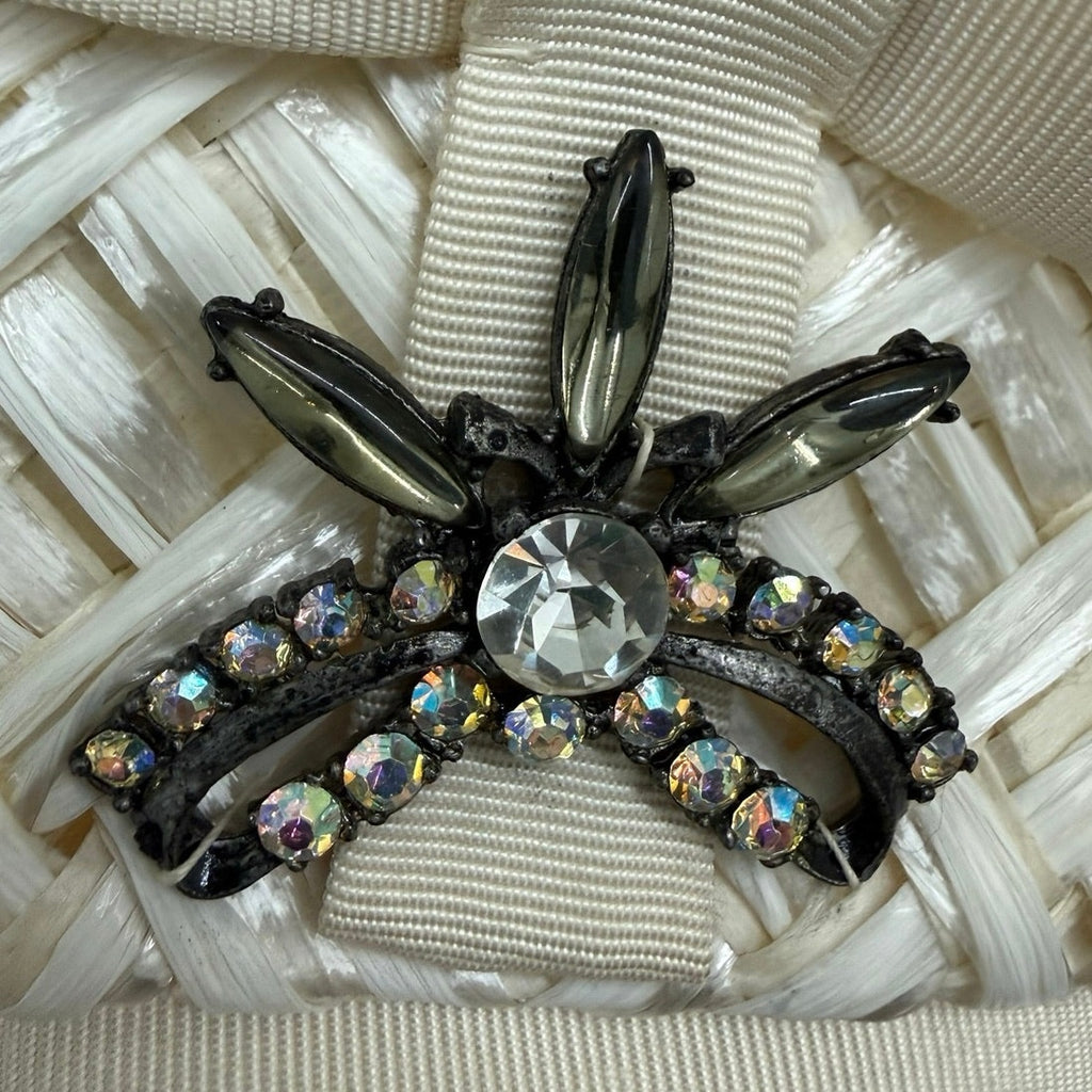 Vintage 1960s White Raffia Pillbox Hat Rhinestone Bow Union Label