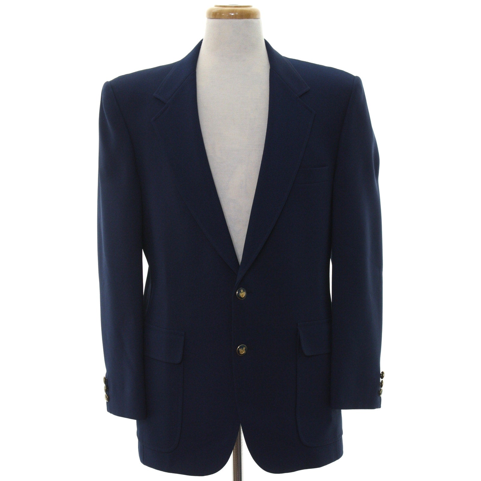 Vintage 70s Knack Navy Knit Blazer Gold Crest Buttons USA 40 Chest