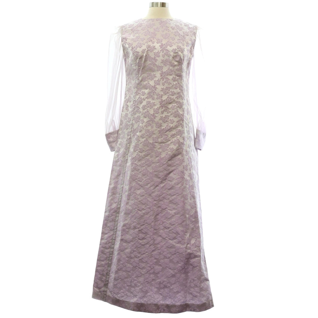 Vintage 60s Womens Medium Lavender Satin A-Line Maxi Dress Sheer Sleeve Floral