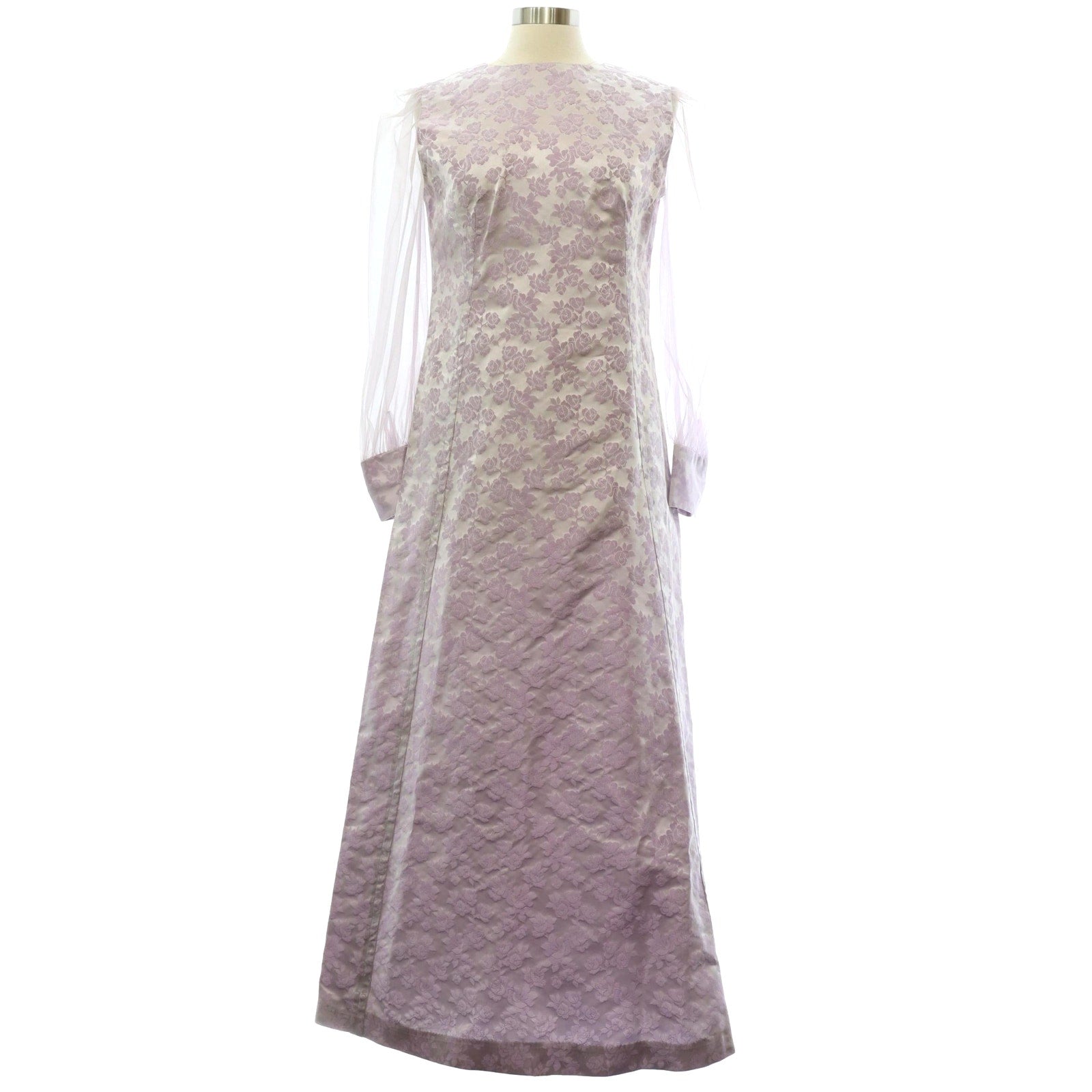 Vintage 60s Womens Medium Lavender Satin A-Line Maxi Dress Sheer Sleeve Floral