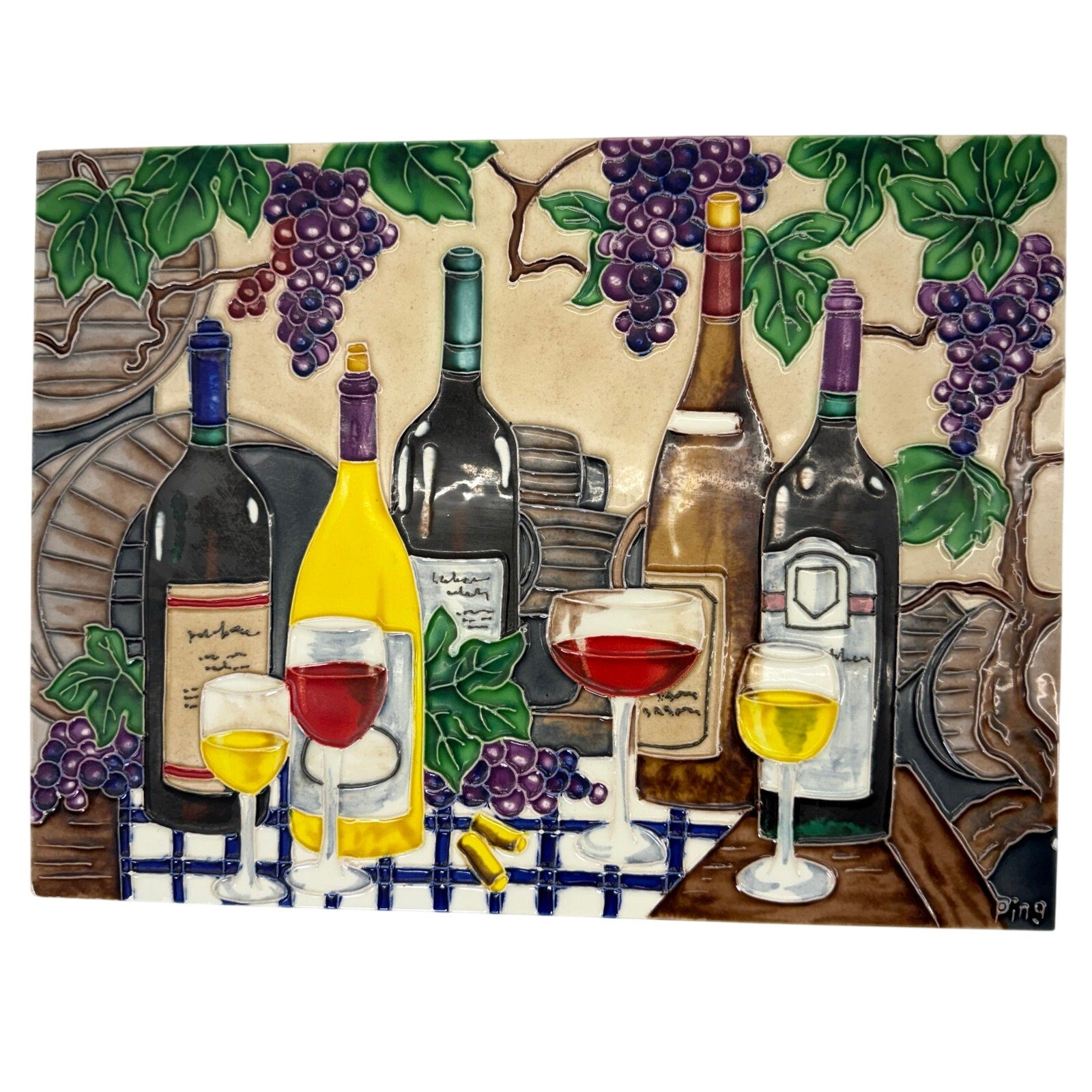 Vintage 90s Wine Tile Wall Art Grapes Ceramic Plaque Ping Signed