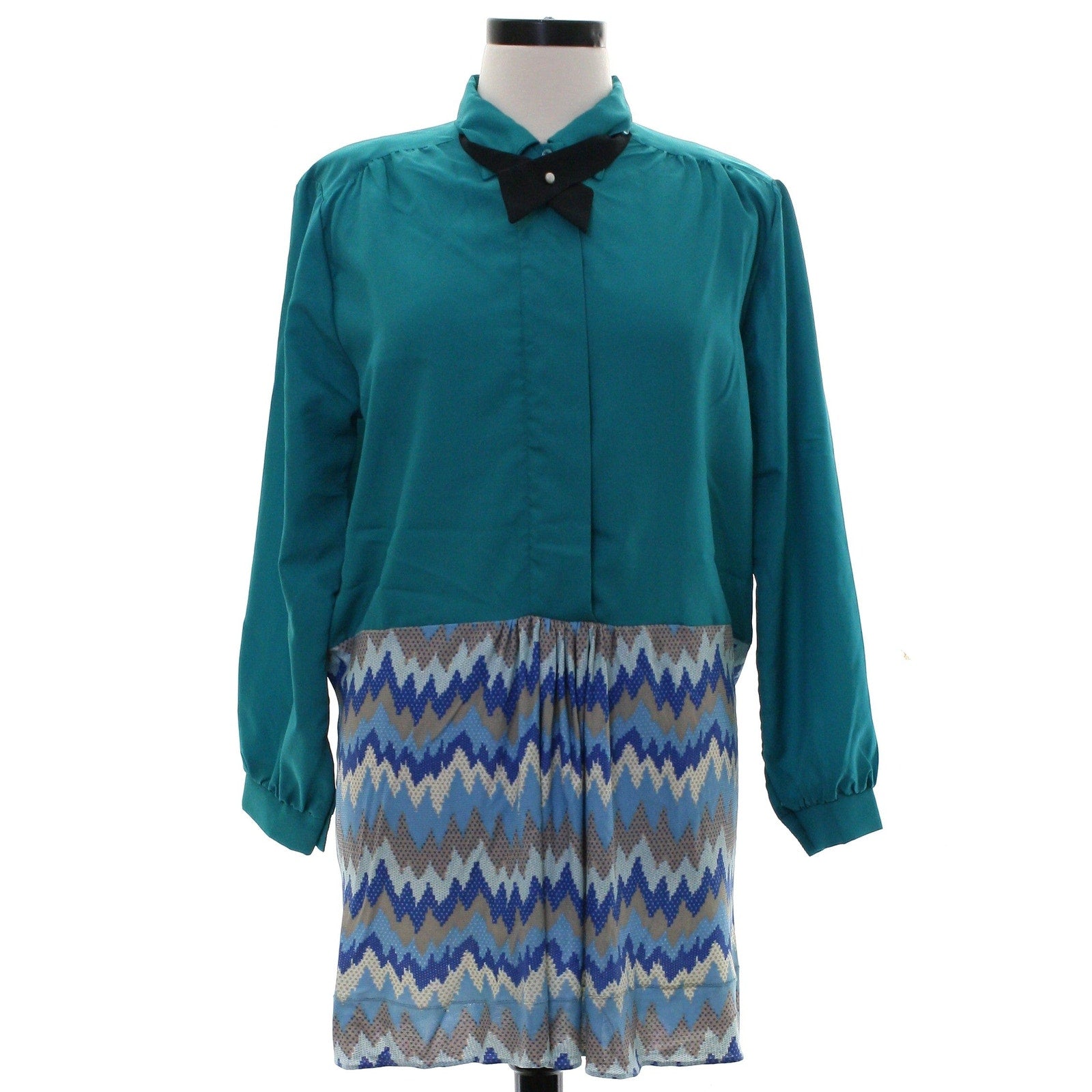 Vintage 80s Joanna Turquoise Shirt Dress Mini Long Sleeve USA Women's 22