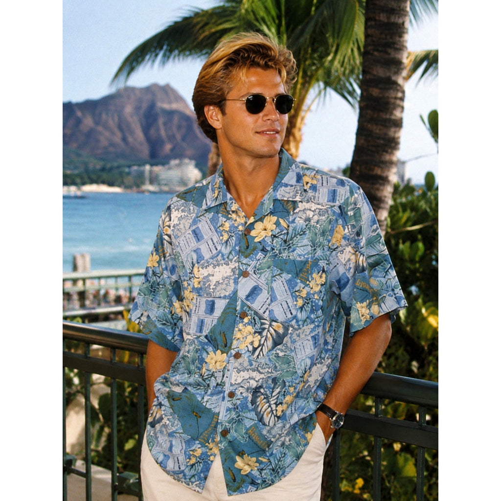 Vintage 90s Three Palms Silk Hawaiian Shirt Mens M Blue Tropical Aloha