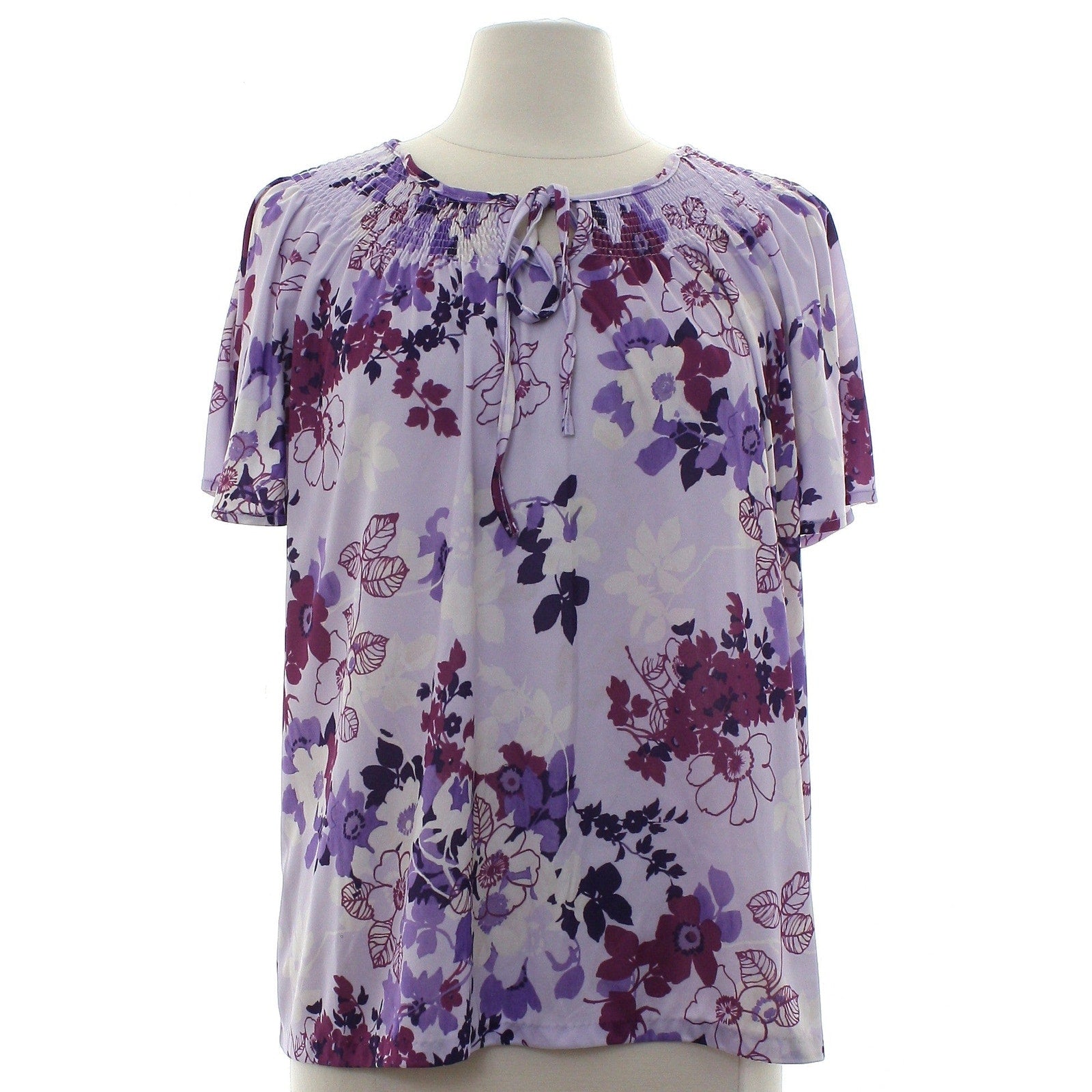 Vintage 70s Lavender Floral Polyester Peasant Blouse Tie Neck Top Women's Medium