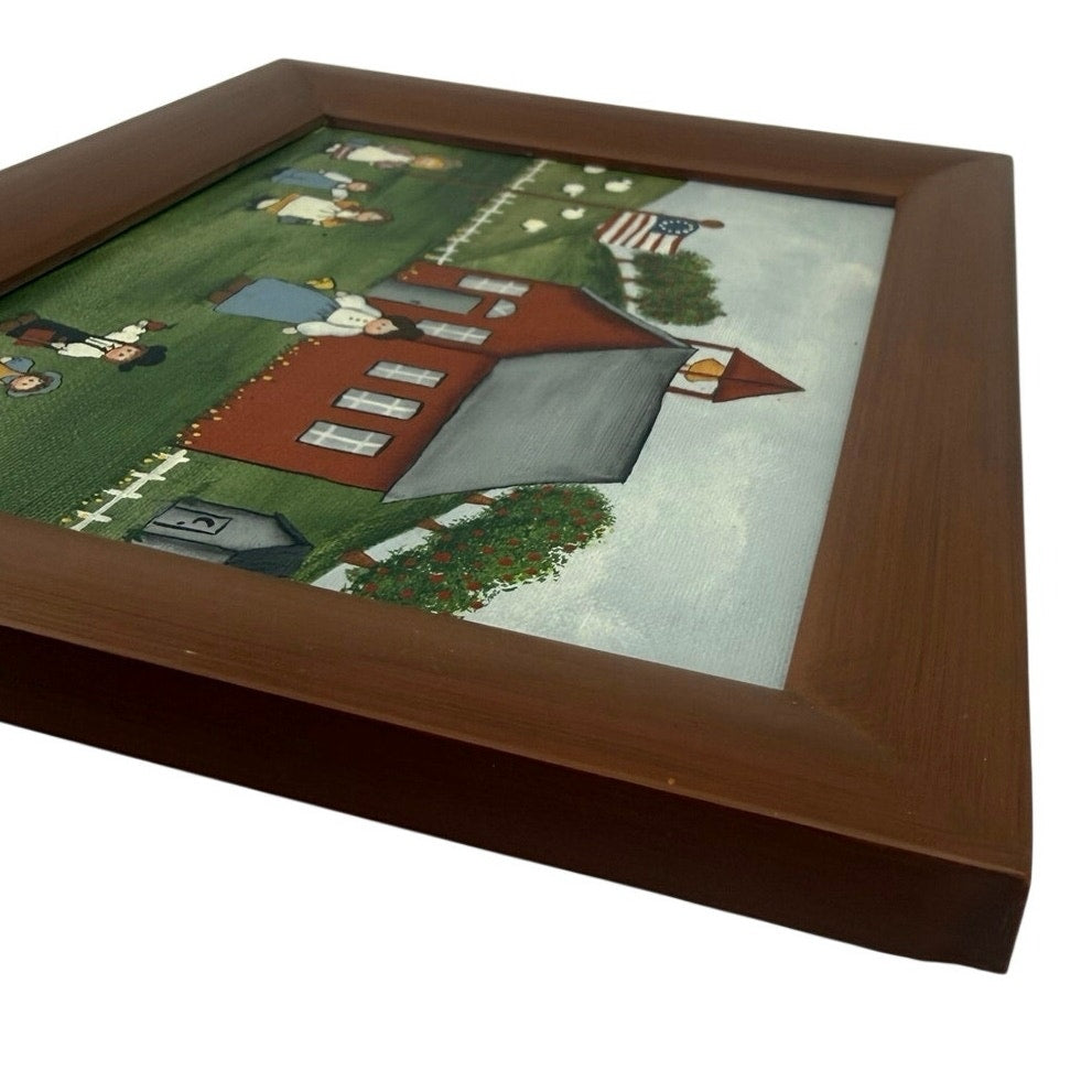 Vintage 90s Hand Painted Schoolhouse Farm Folk Art Framed Canvas Picture