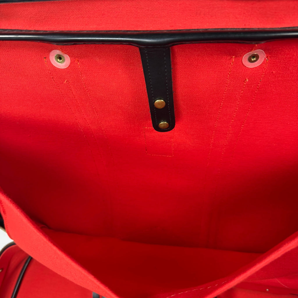 Vintage 70s Black Leather Luggage Briefcase Red Stripe Locking Travel Case