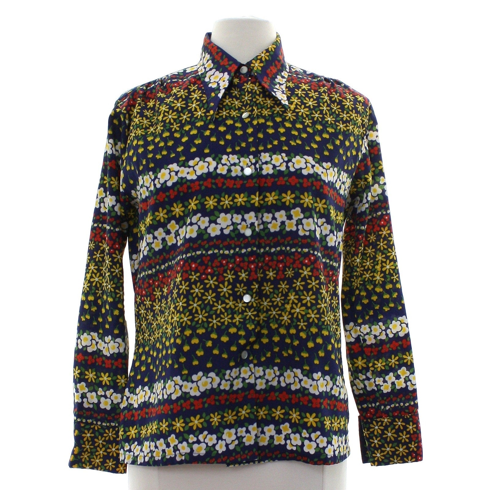 Vintage 70s Floral Stripe Blouse Navy Crepe Shirt Long Sleeve Womens Medium