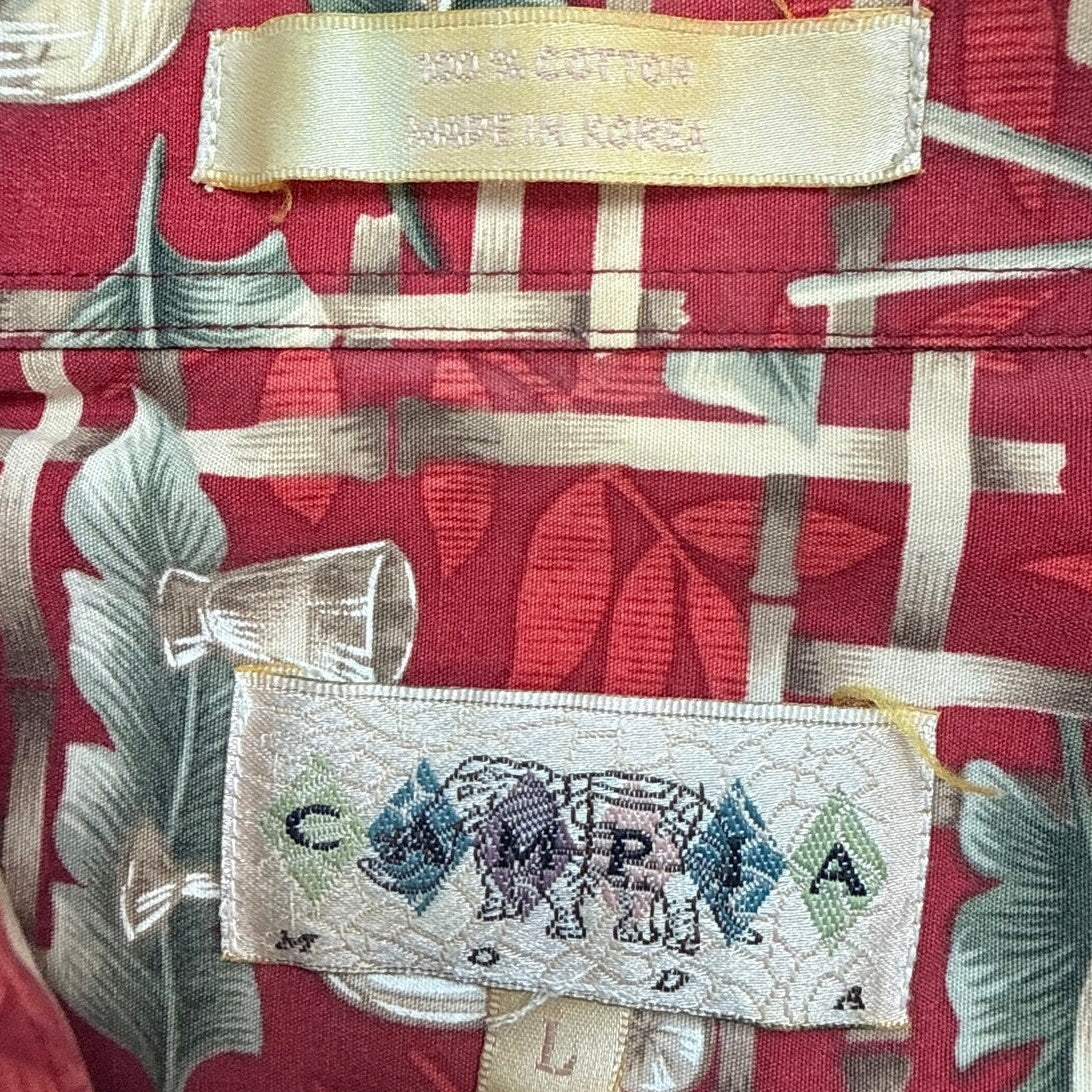 Vintage 90s Campia Men's Large Red Cocktail Print Hawaiian Aloha Shirt Cotton
