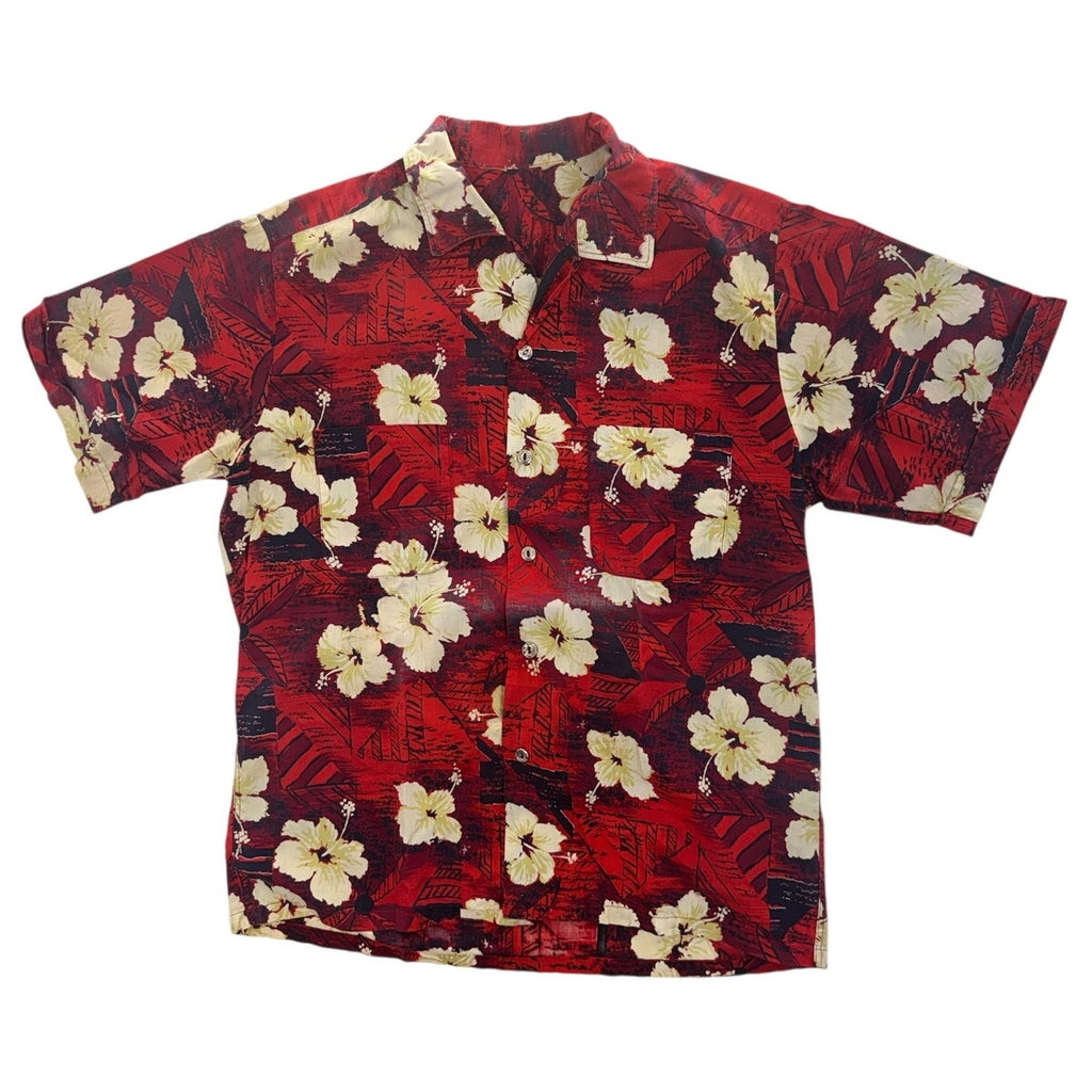 Vintage 80s Red Hawaiian Floral Camp Shirt Men's Cotton Button Front Large