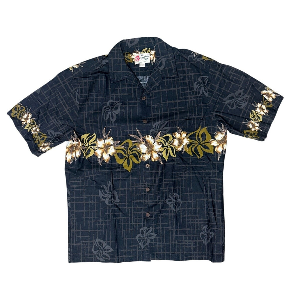 Vintage 80s Hilo Hattie Men's Large Hawaiian Shirt Black Floral Cotton