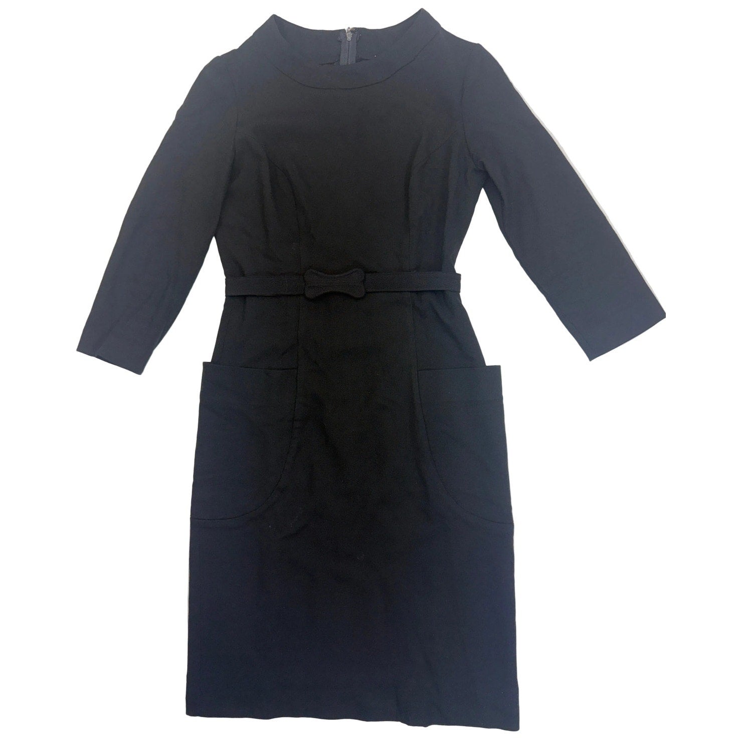 Vintage 60s Women's Small Black Wool Sheath Dress Koret Belted Pockets