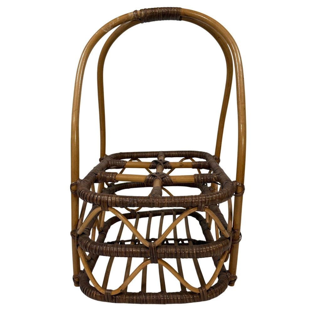 Vintage 80s Bent Wood Bamboo Wine Basket Holder Rustic Boho Farmhouse 18”