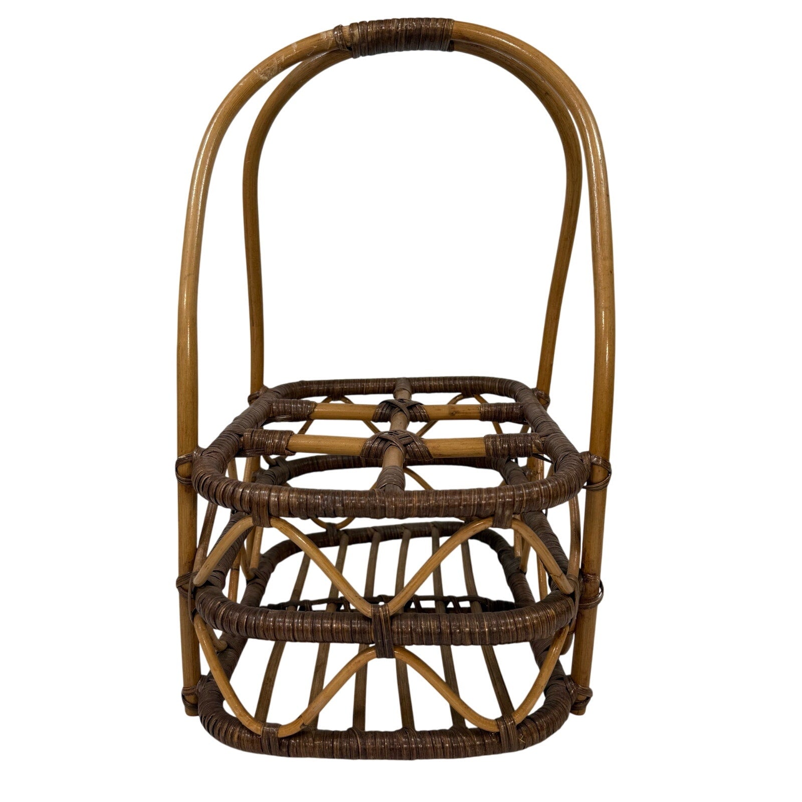 Vintage 80s Bent Wood Bamboo Wine Basket Holder Rustic Boho Farmhouse 18”