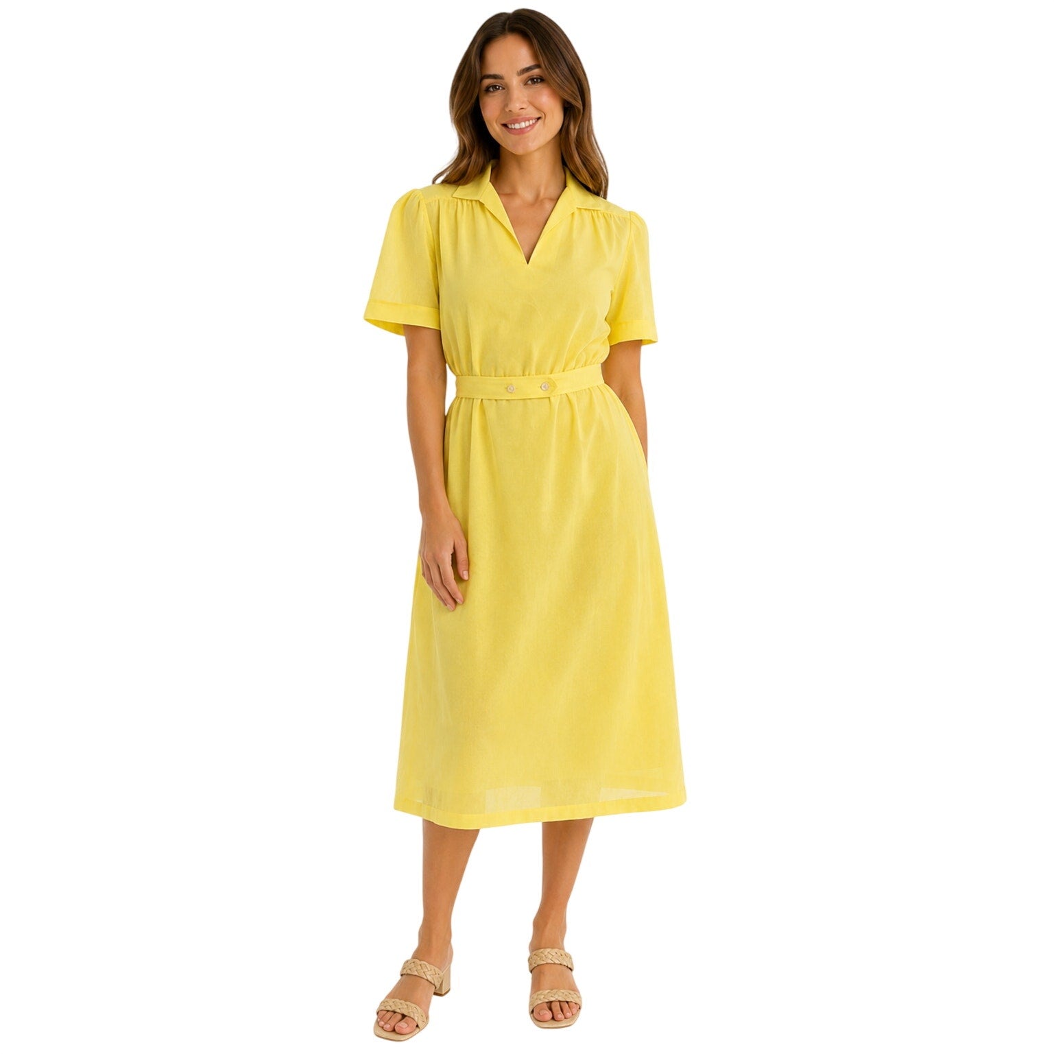 Vintage 70s Yellow Shirt Dress Cotton Belted Midi Collared Boho Women's Medium