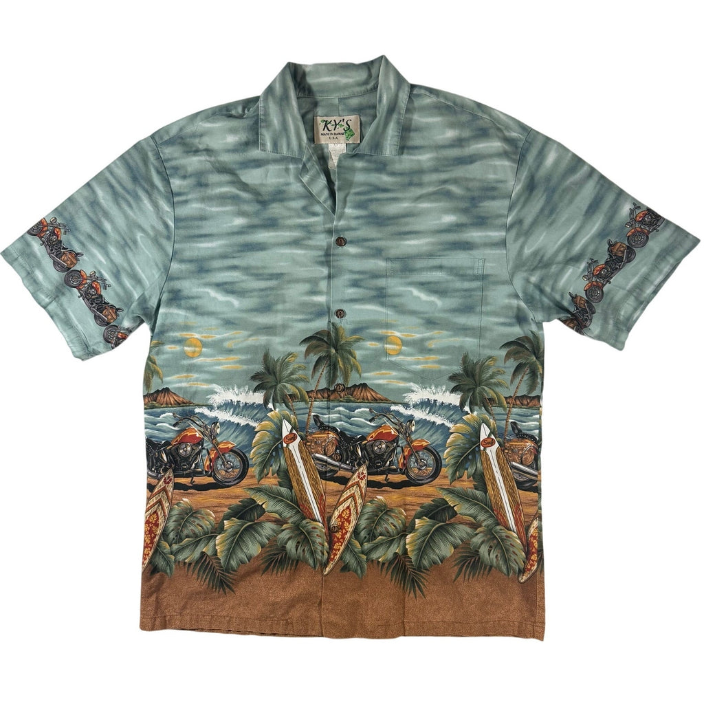 Vintage 90s Hawaiian Button Down Shirt Men's Large Surfboard Motorcycle USA Made
