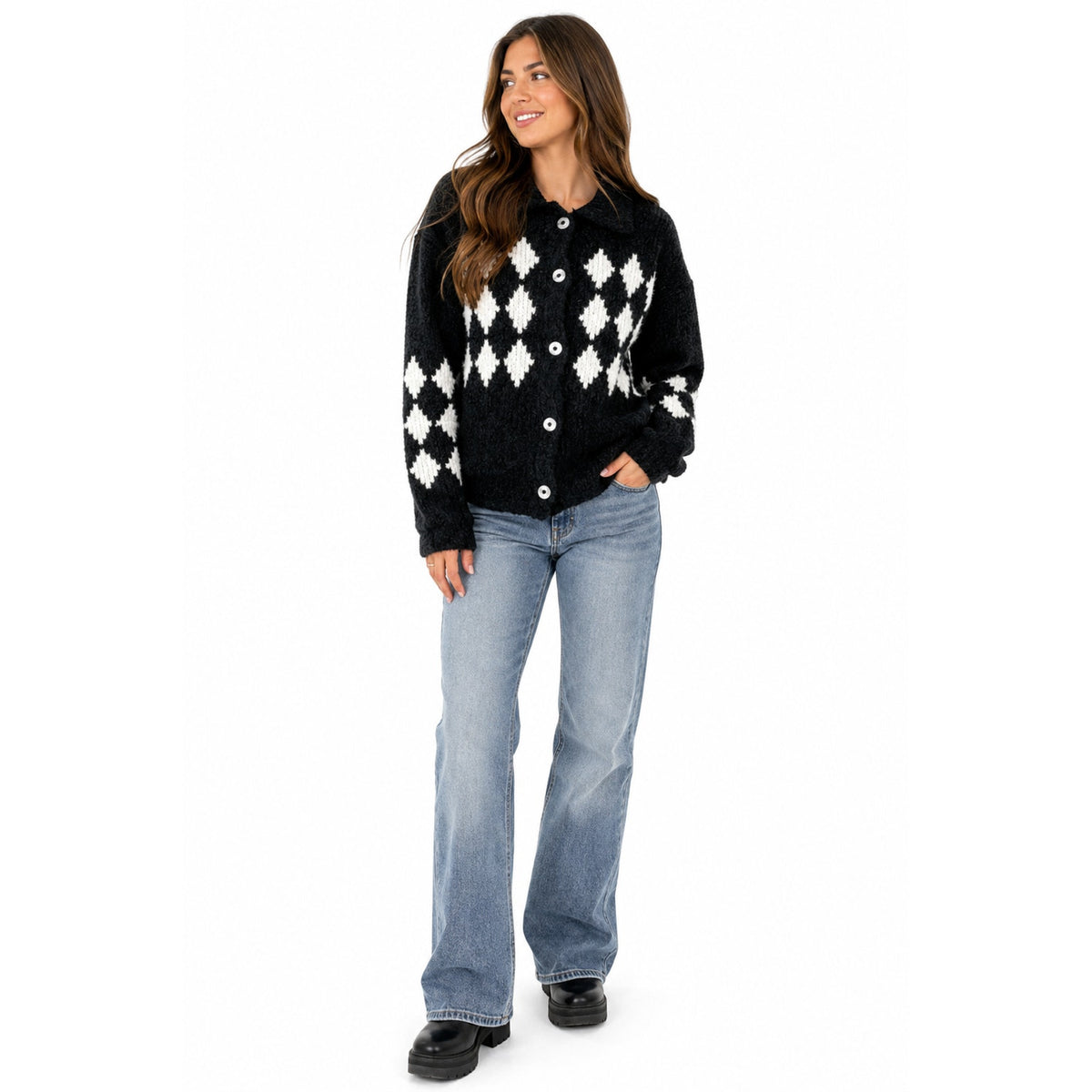 Vintage 80s Susina Argyle Cardigan Sweater Womens Med Black White Chunky Knit