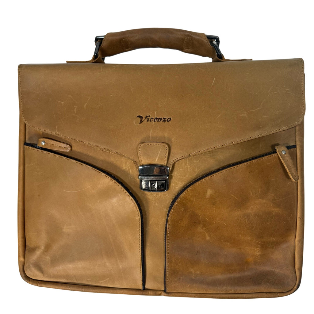Vintage 90s Brown Camel Leather Briefcase Laptop Messenger Bag Vicenzo