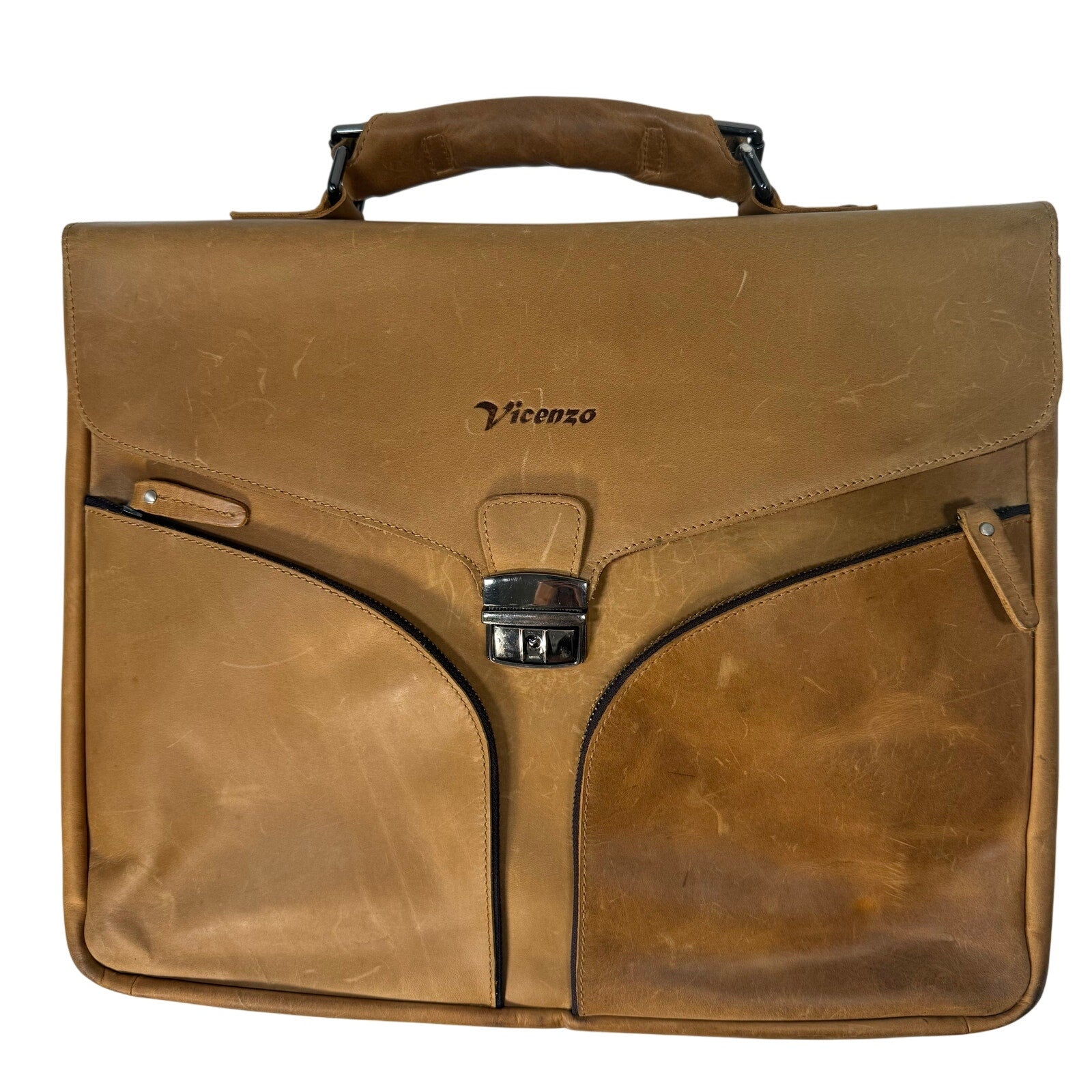 Vintage 90s Brown Camel Leather Briefcase Laptop Messenger Bag Vicenzo