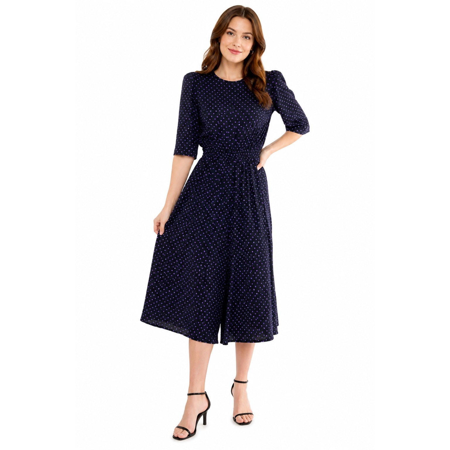 Vintage 80s Black Purple Polka Dot Split Skirt Jumpsuit Dress Women's 6P Tareti