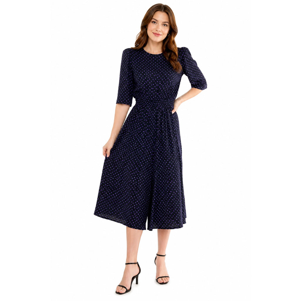 Vintage 80s Black Purple Polka Dot Split Skirt Jumpsuit Dress Women's 6P Tareti
