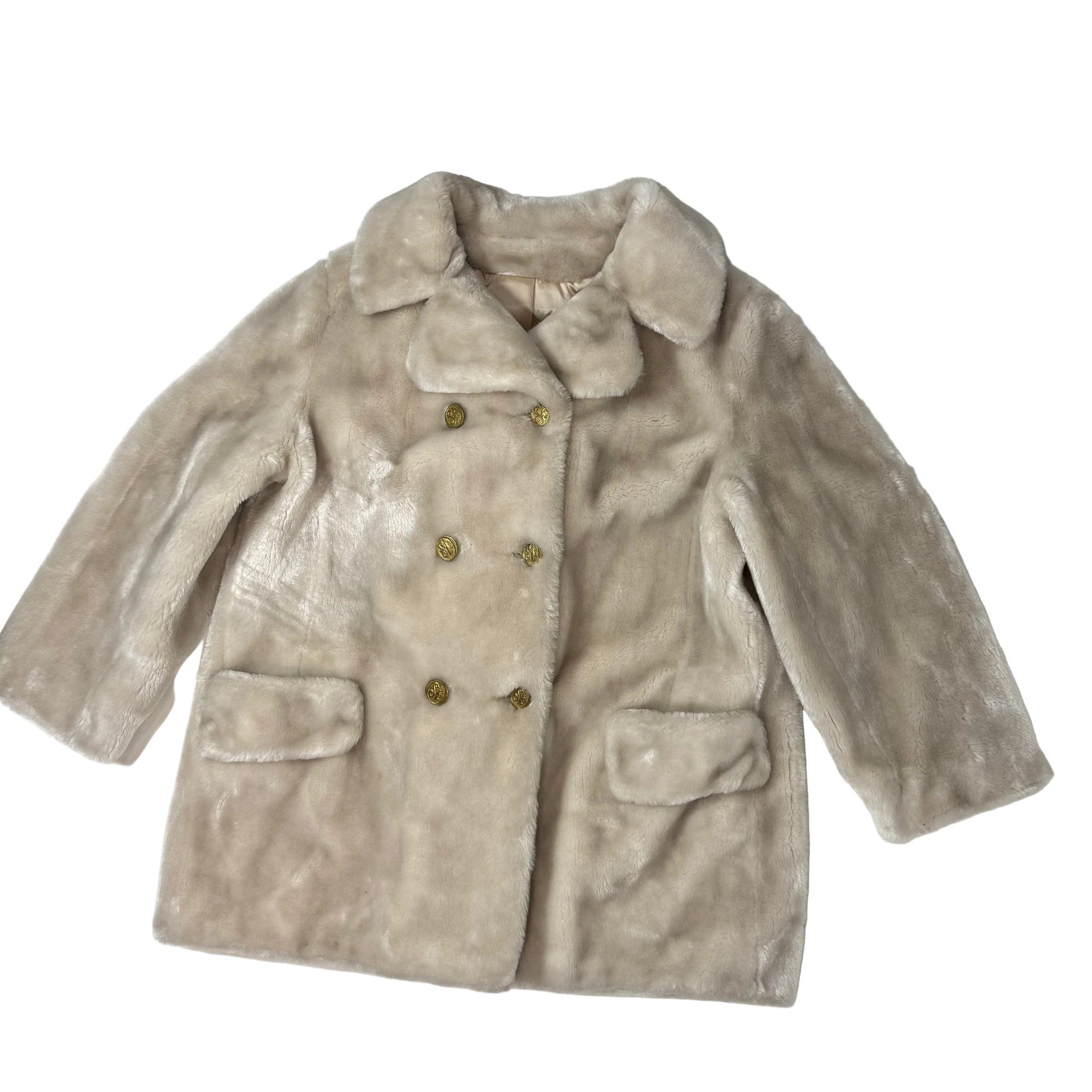 Vintage 60s Women’s Large Borgana Cream Faux Fur Jacket Double Breasted