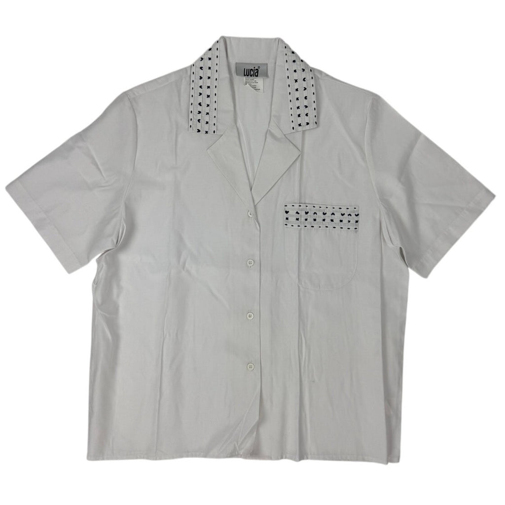 Vintage 1990s Lucia White Rayon Blend Embroidered Short Sleeve Blouse