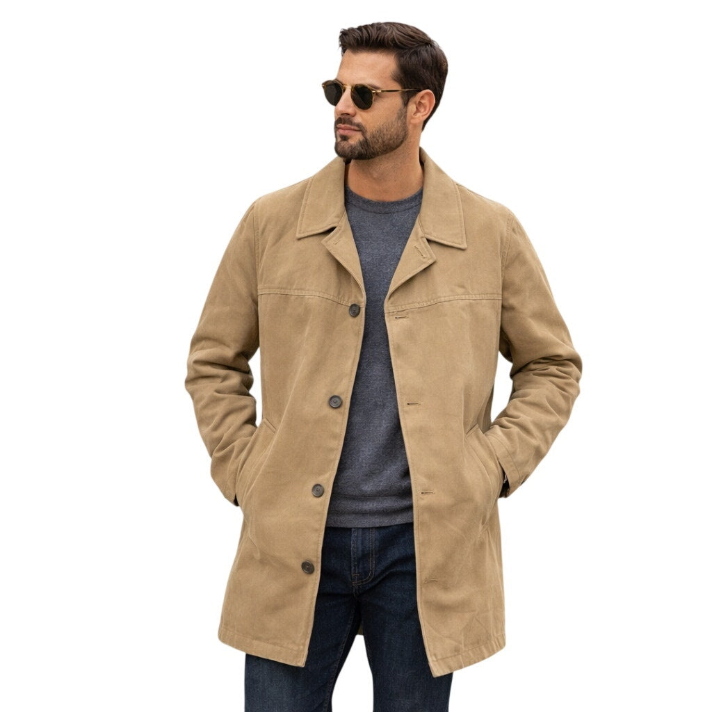 Barcelino San Francisco Tan Car Coat Men Large 42R Germany Cotton Zip Pockets