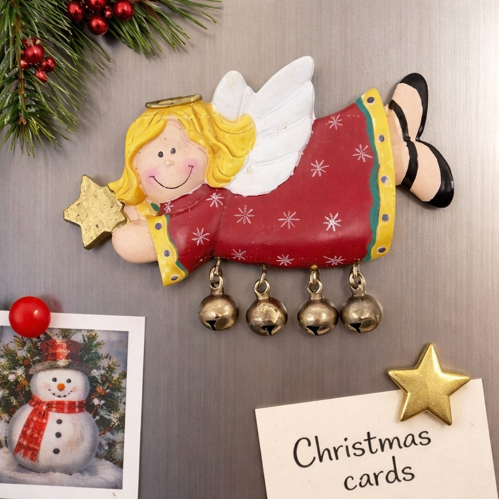 80s Angel Christmas Fridge Magnet w Jingle Bells Holiday Decor
