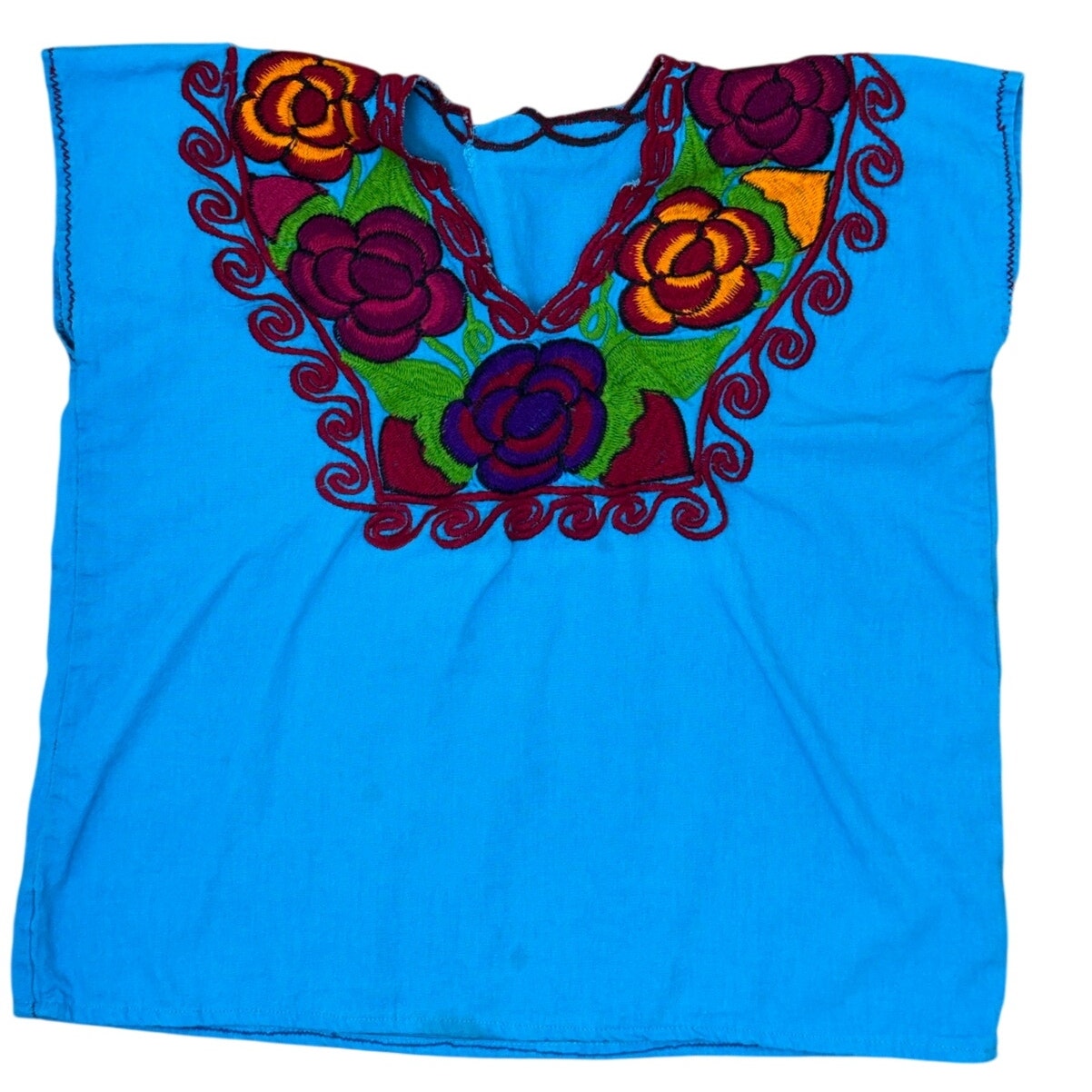 Vintage 70s Huipil Embroidered Turquoise Blouse Women's Medium Floral Folk Top