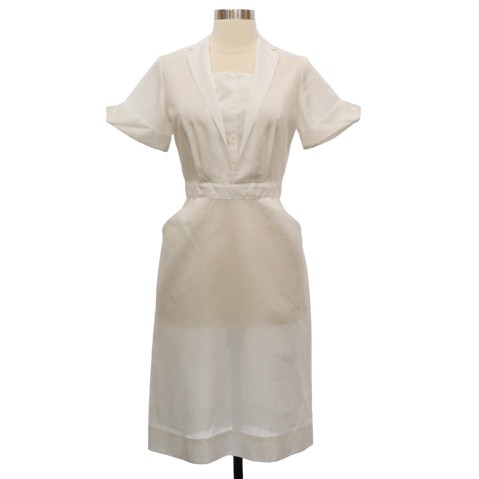 Vintage 1960s White Nurse Uniform Dress Nylon 34 Bust 26 Waist