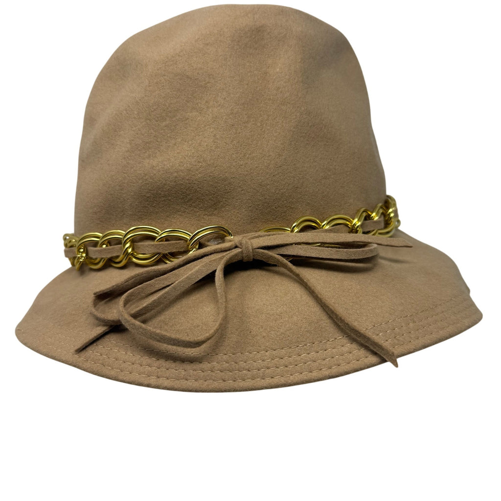 Vintage 1960s Miss Eileen Tan Wool Cloche Bucket Hat Gold Chain Trim