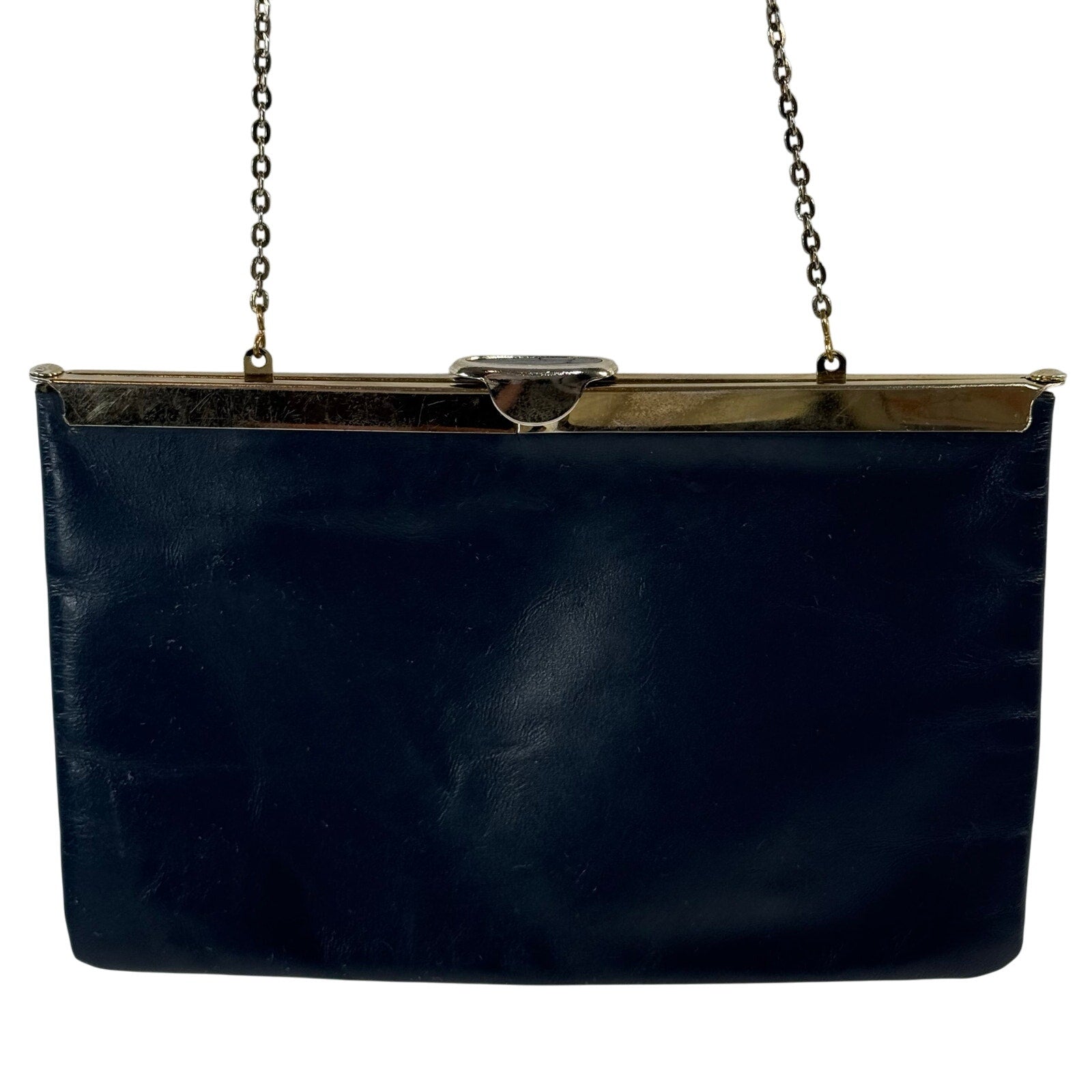 Vintage 60s Etra Navy Leather Clutch Purse w/ Gold Chain Strap